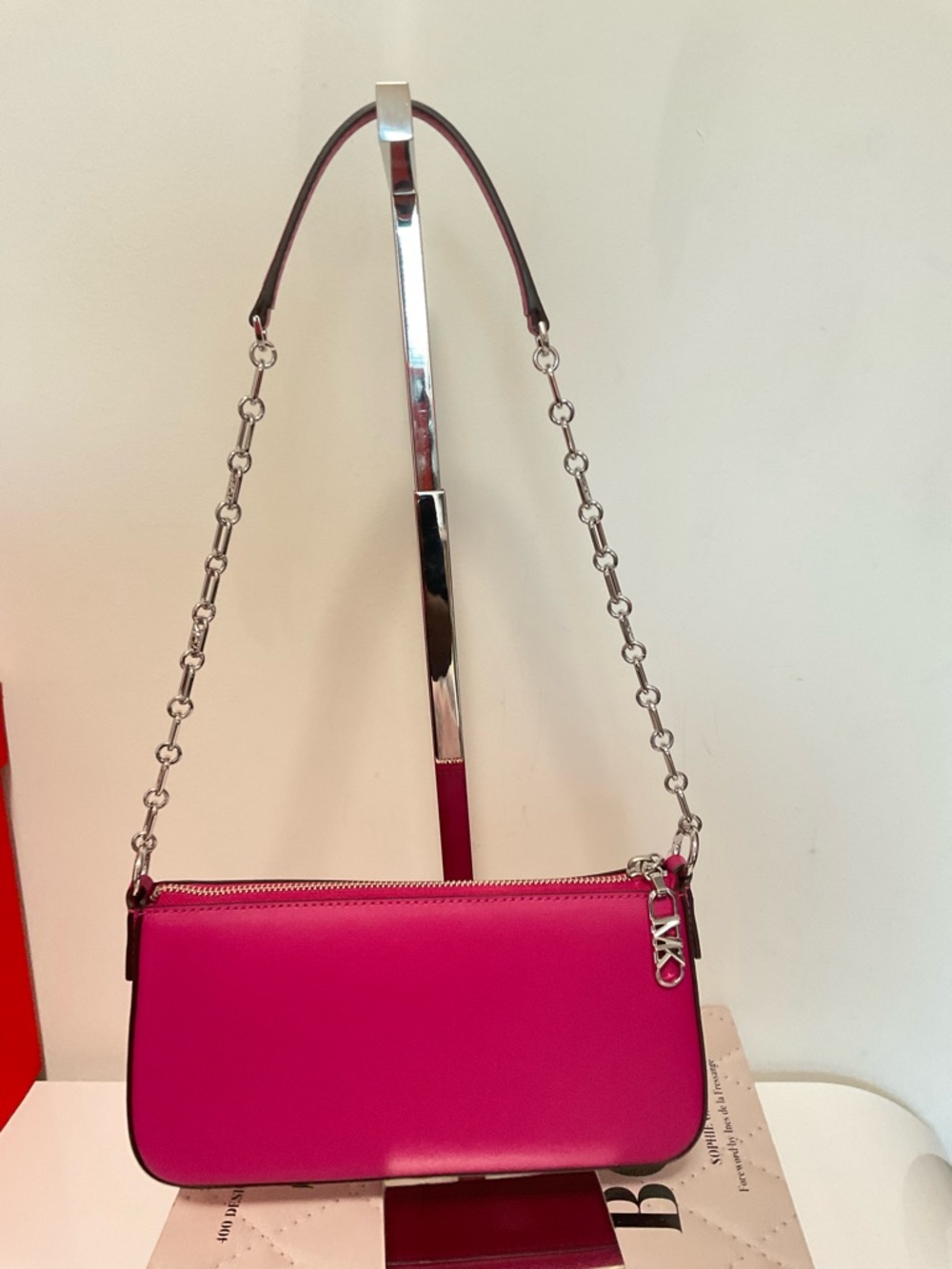 Michael Kors Deep Fuschia Empire Leather Chain-Link Pouchette - Picture 10 of 11